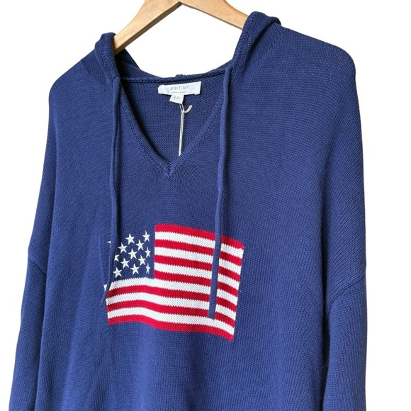 NWT! BRIT.NY Women's American Flag 1X Blue Pullover Sweater Hoodie Long Sleeve - Picture 3 of 10